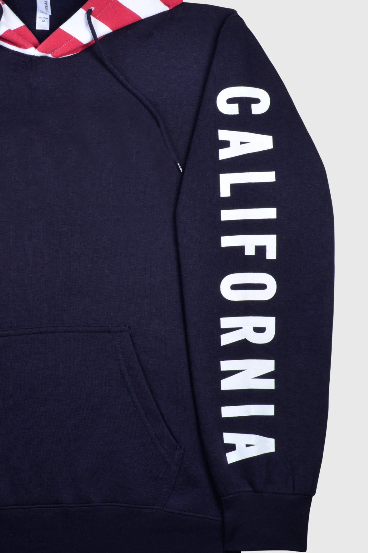 Close up: Retro pullover hoodie is navy blue