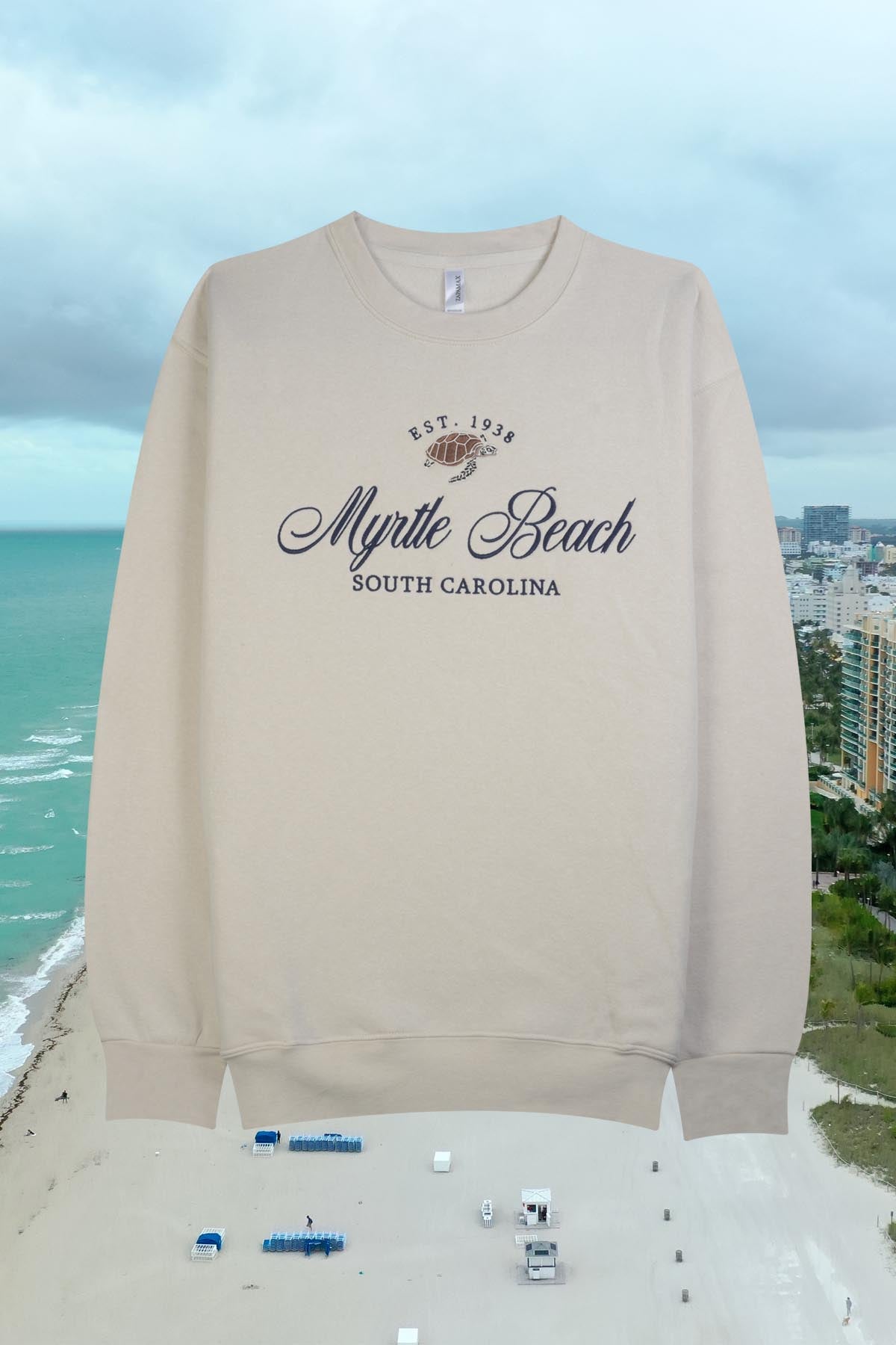 Soft fleece adult crewneck sweatshirt with 'Myrtle Beach / South Carolina' embroidery and side pockets - Beige