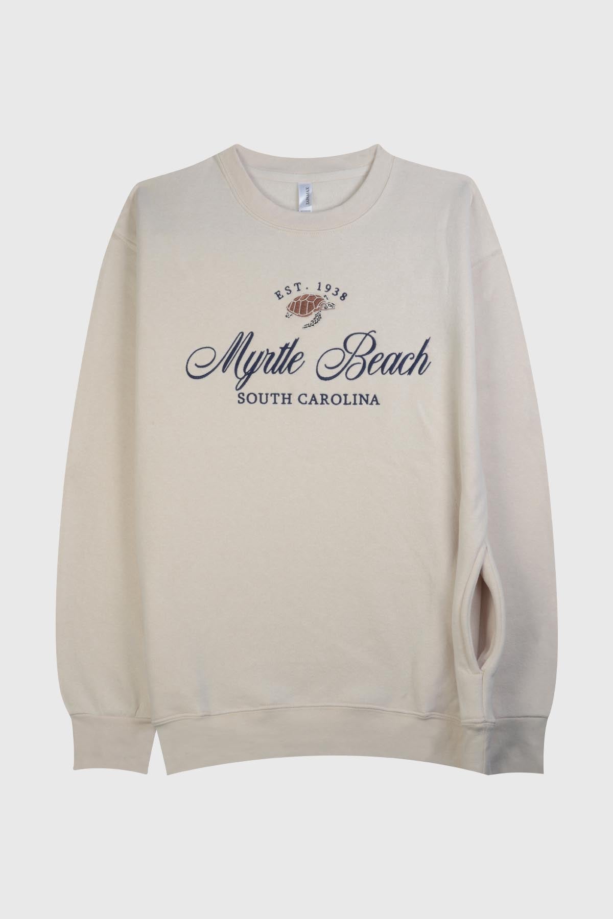 Soft fleece adult crewneck sweatshirt with 'Myrtle Beach / South Carolina' embroidery and side pockets - Beige