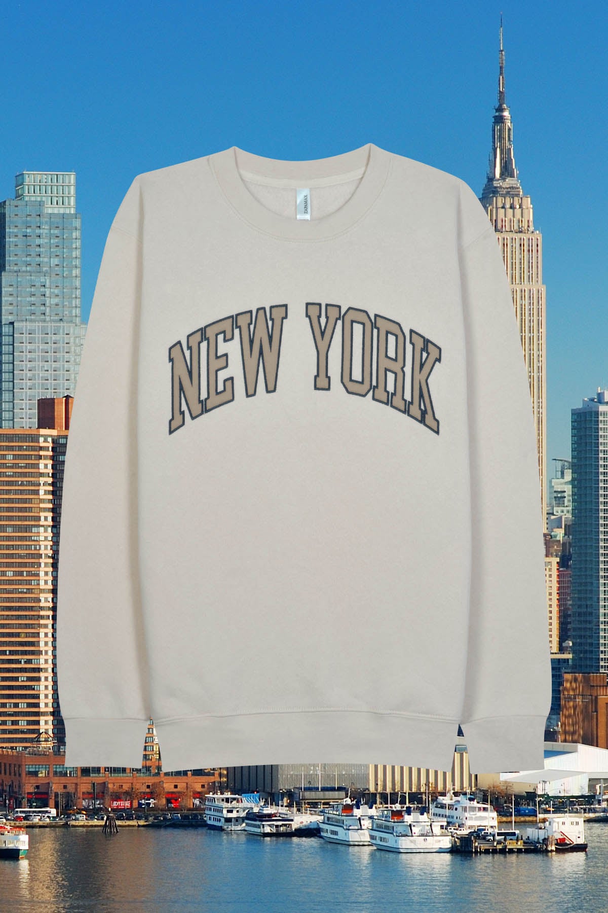 Adult Fleece Crewneck with 'NEW YORK' Embroidery and Side Pockets detail - BEIGE