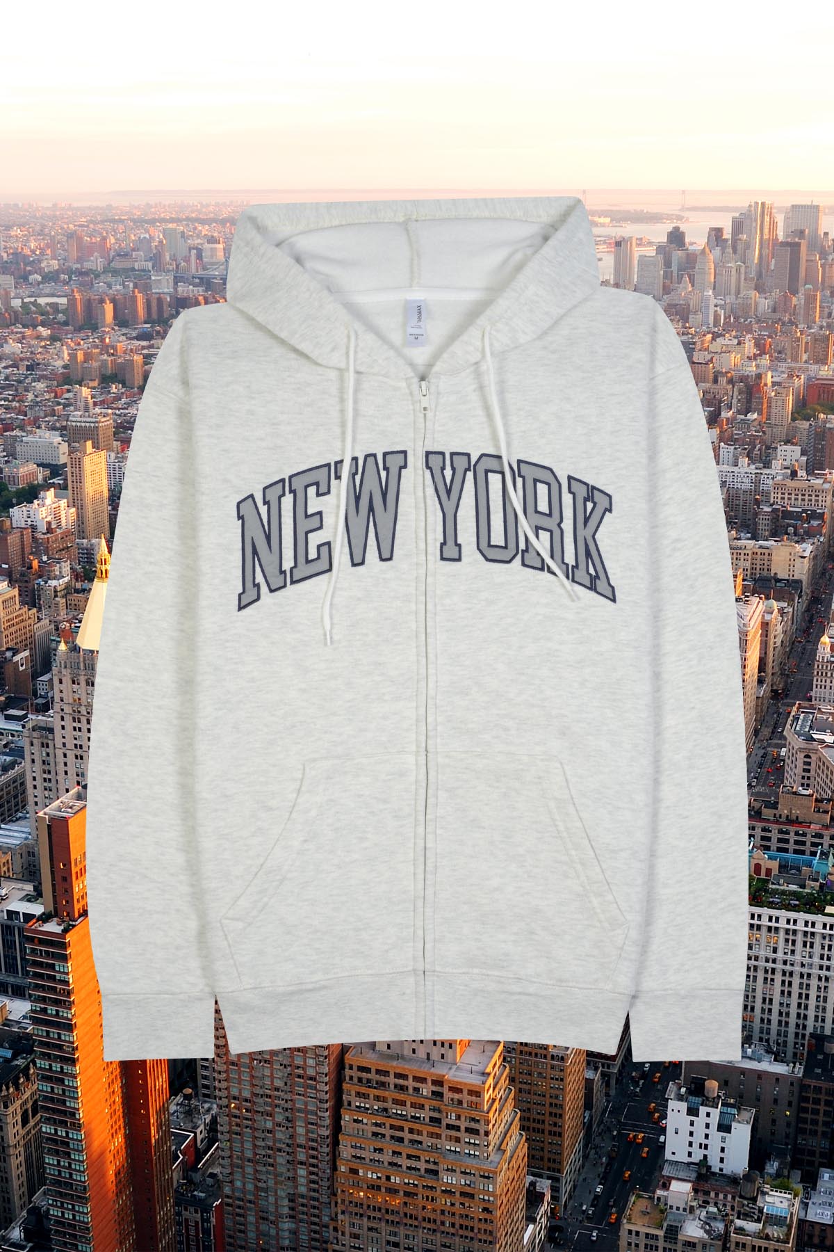 Adult embroidered 'NEW YORK' zip-up hoodie in soft fleece fabric - HTR OATMEAL