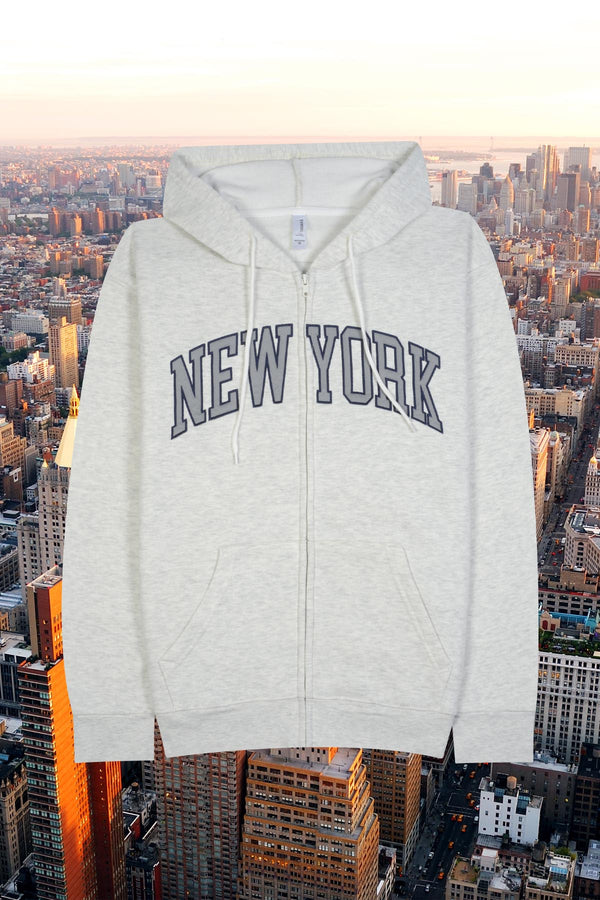 Adult embroidered 'NEW YORK' zip-up hoodie in soft fleece fabric - HTR OATMEAL