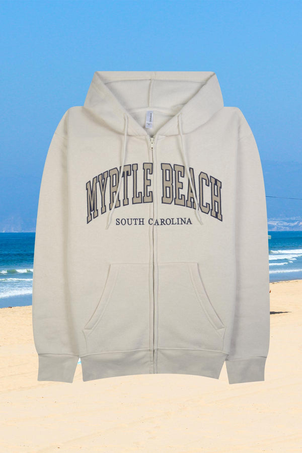 Adult unisex zip-up hoodie with chest embroidery reading "Myrtle Beach / South Carolina" – Beige