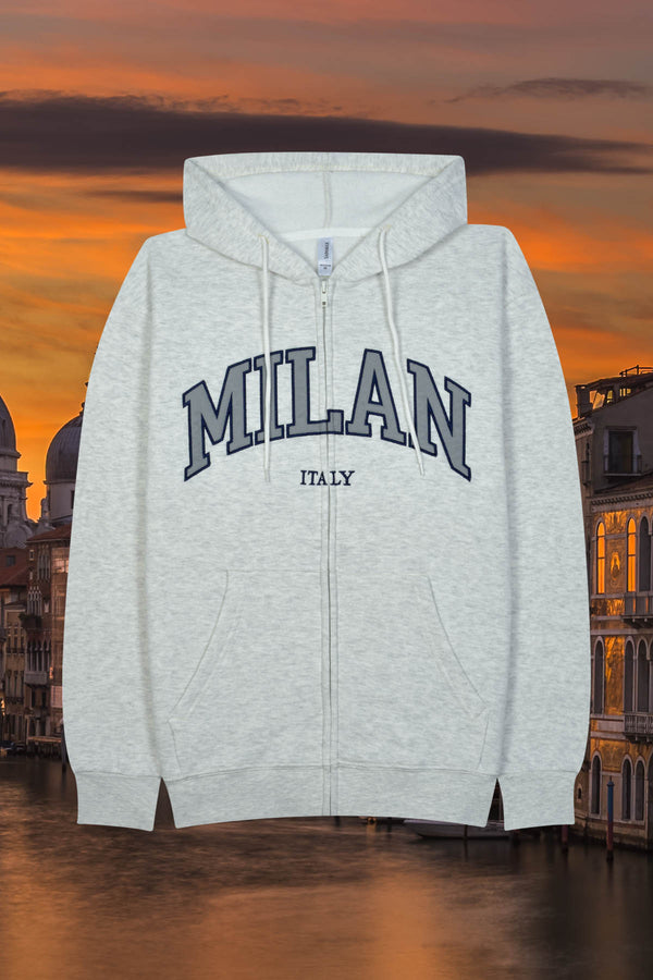 Adult Fleece Hoodie Zip-Up Embroidered 'MILAN / ITALY' Design - HTR.OATMEAL