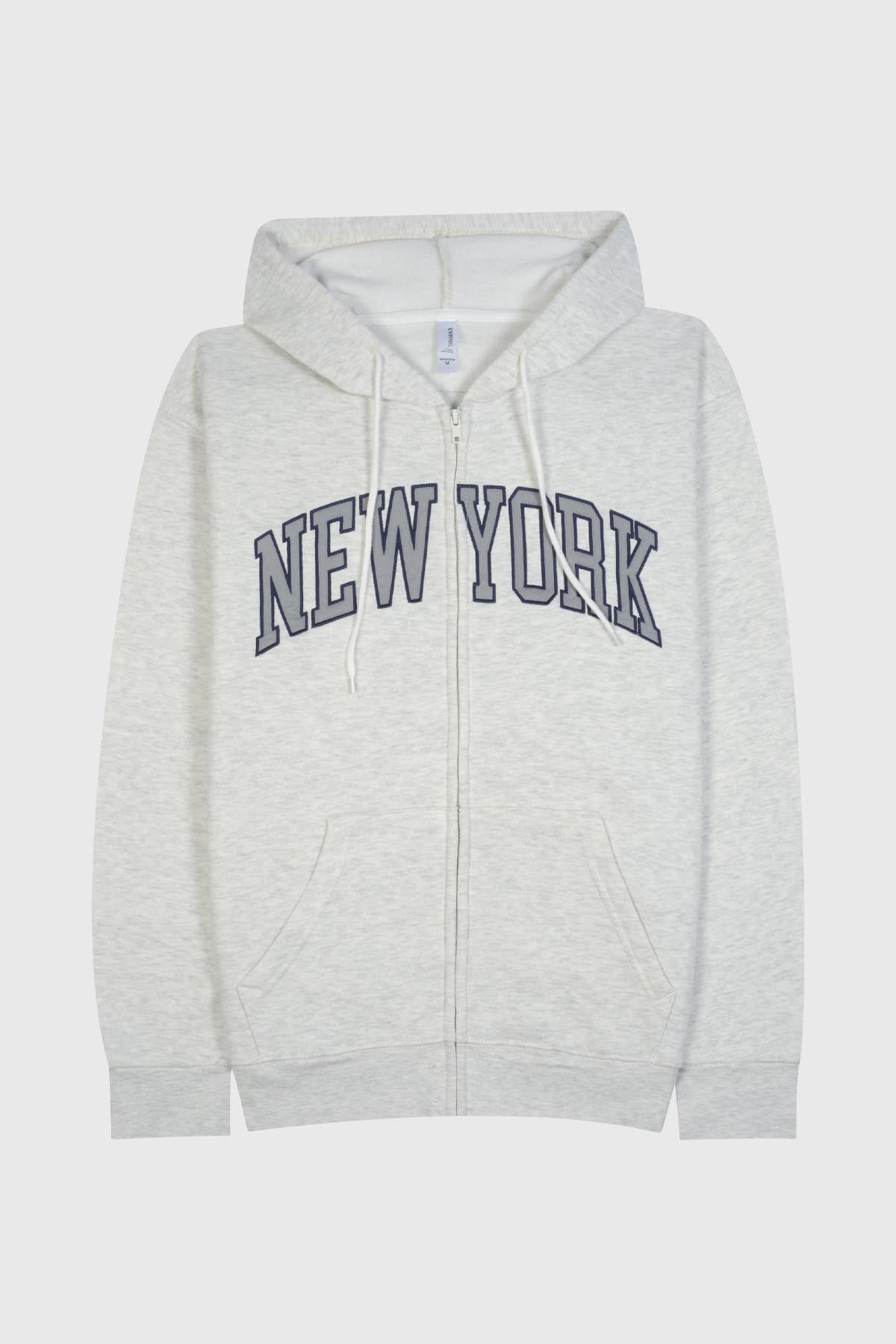Adult embroidered 'NEW YORK' zip-up hoodie in soft fleece fabric - HTR OATMEAL