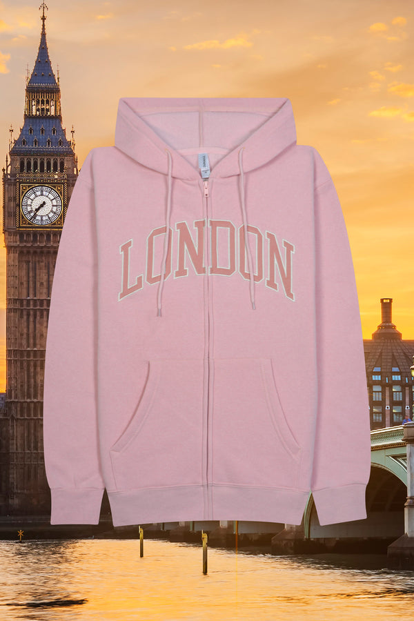 Adult Fleece Zip-up Hoodie with 'LONDON' chest embroidery-Peach
