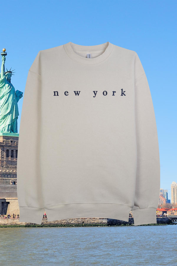 Adult unisex fleece sweatshirt with embroidered "New York" on chest - Beige