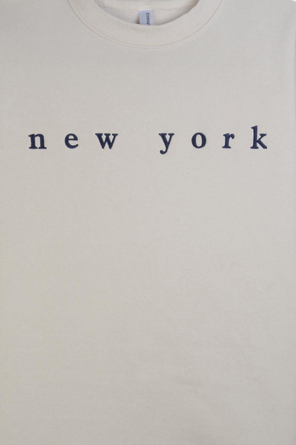 Adult unisex fleece sweatshirt with embroidered "New York" on chest - Beige