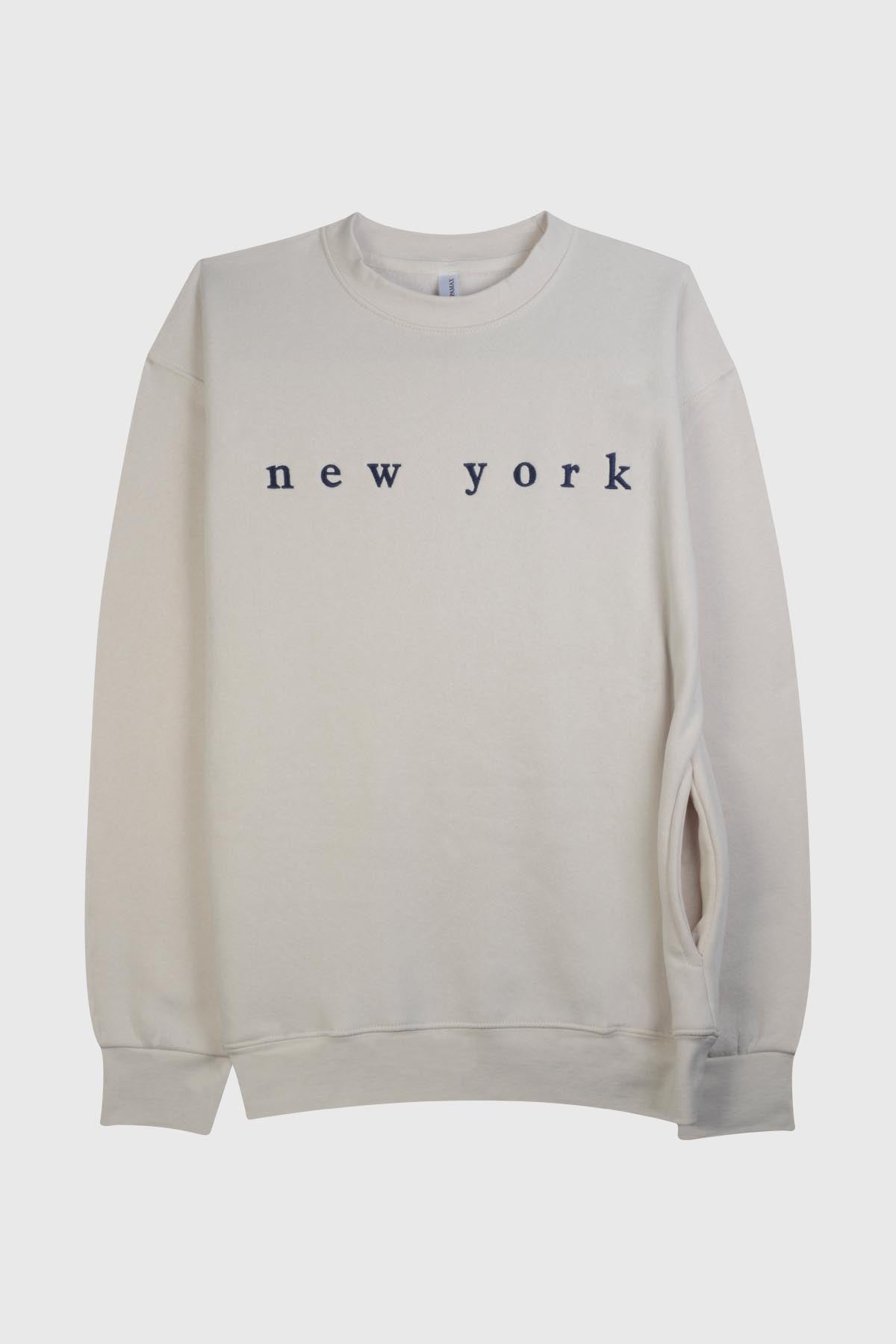 Adult unisex fleece sweatshirt with embroidered "New York" on chest - Beige