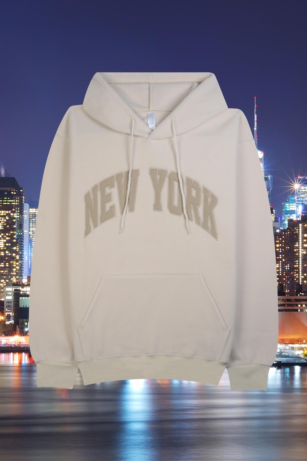 Adult embroidered pullover hoodie with "NEW YORK" chest design - POL BEIGE 