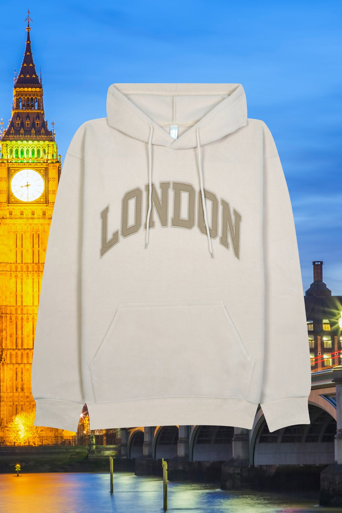 Adult Pullover Hoodie Embroidered LONDON Chest Design – Beige