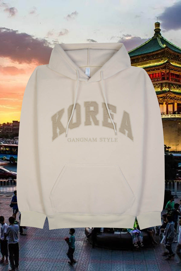 Adult Polar Fleece Hoodie with ‘KOREA GANGNAM STYLE’ Embroidery, Ribbed Cuffs & Hem – POL BEIGE