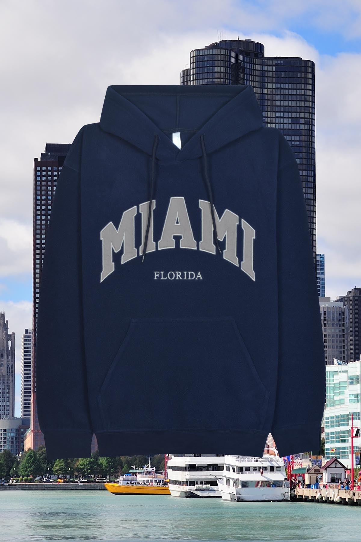 Adult Polar Fleece Hoodie with 'MIAMI / FLORIDA' Chest Embroidery -POL NAVY