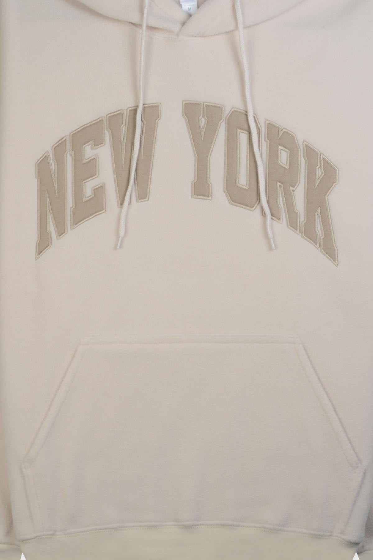 Adult embroidered pullover hoodie with "NEW YORK" chest design - POL BEIGE 