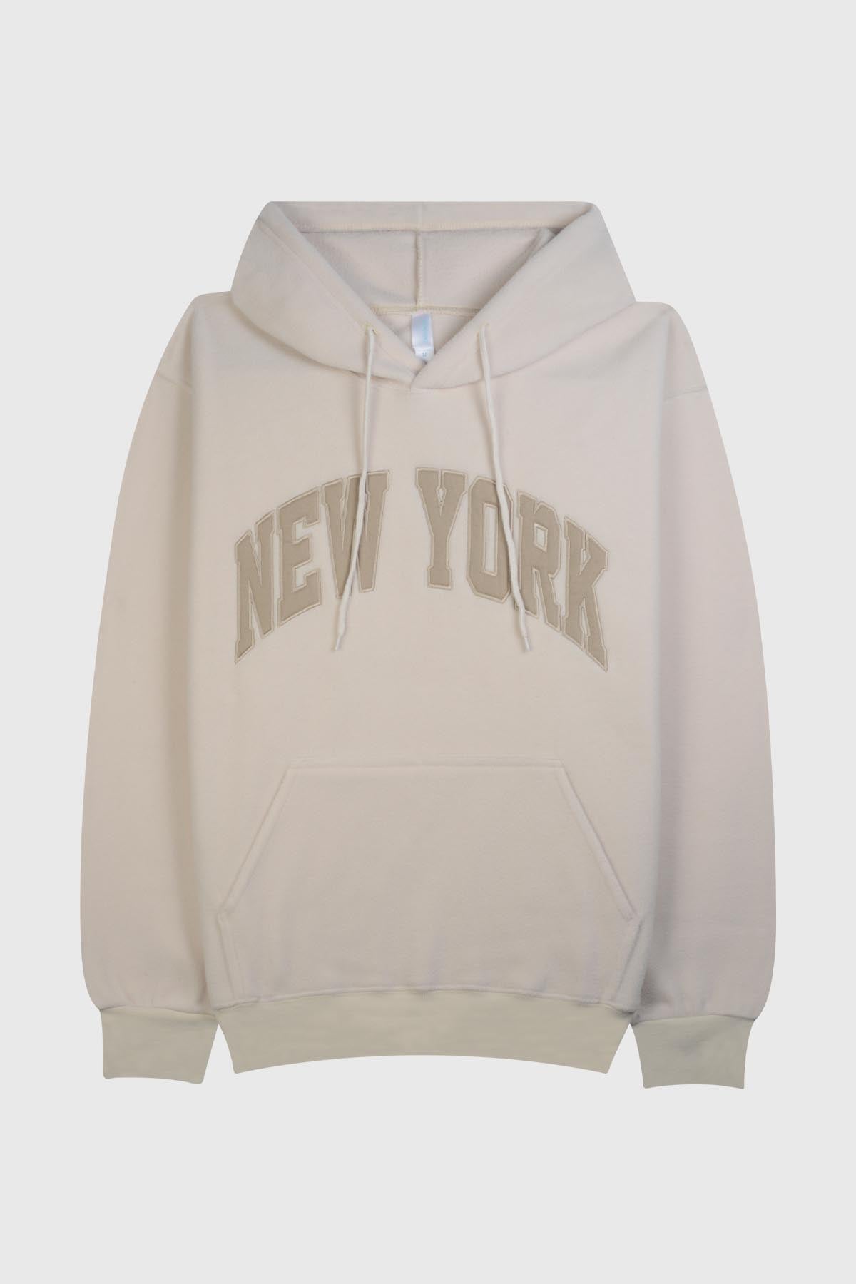 Adult embroidered pullover hoodie with "NEW YORK" chest design - POL BEIGE 