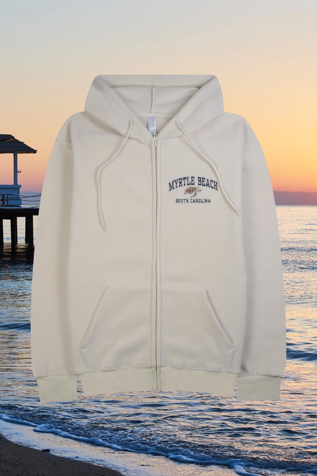 Adult Full-Zip Hoodie, Embroidered 'MYRTLE BEACH', Kangaroo Pockets - POL BEIGE