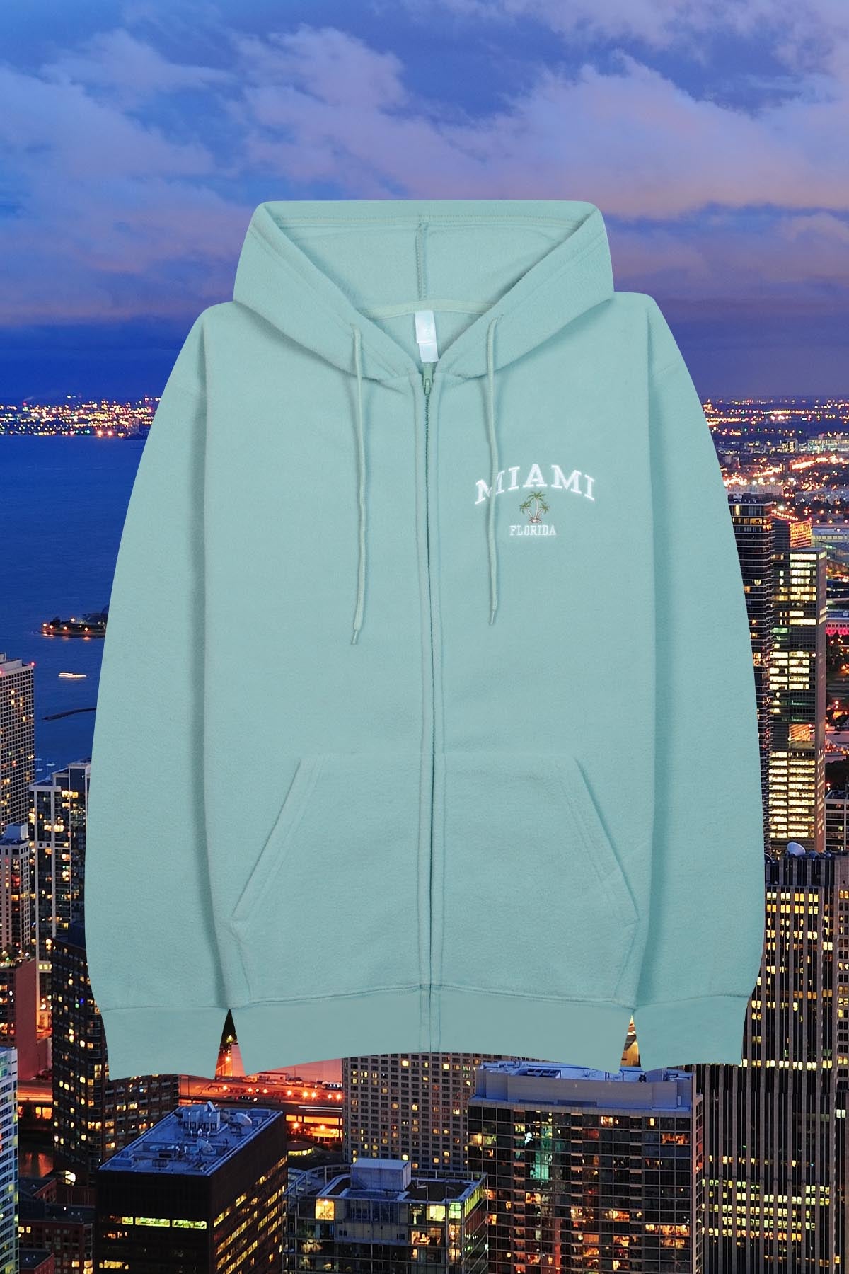 Adult full zip hoodie with Miami Florida embroidery on pocket - Pol Singa Sage