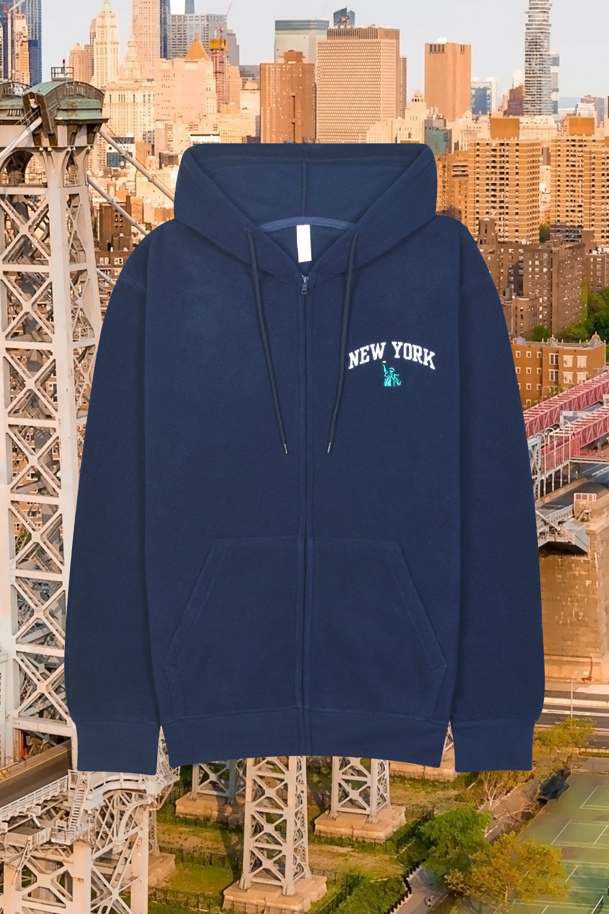 Adult Polar Fleece Zip Up Hoodie with 'NEW YORK' Embroidered Chest  –  POL NAVY