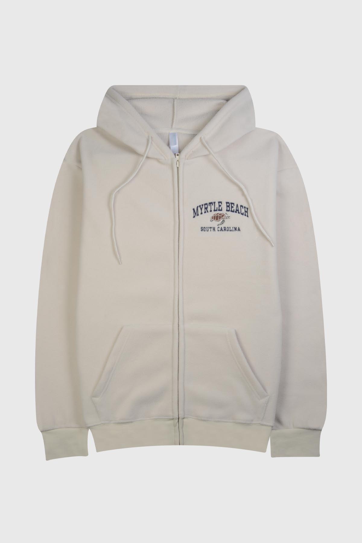 Adult Full-Zip Hoodie, Embroidered 'MYRTLE BEACH', Kangaroo Pockets - POL BEIGE