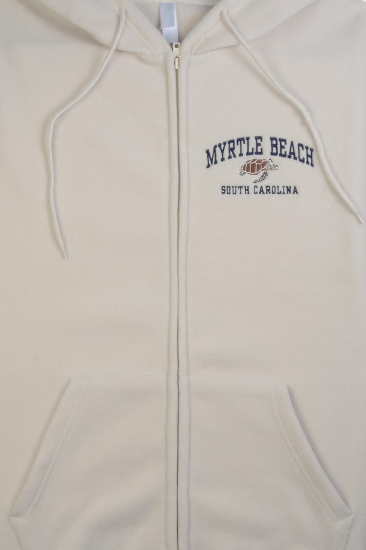 Adult Full-Zip Hoodie, Embroidered 'MYRTLE BEACH', Kangaroo Pockets - POL BEIGE