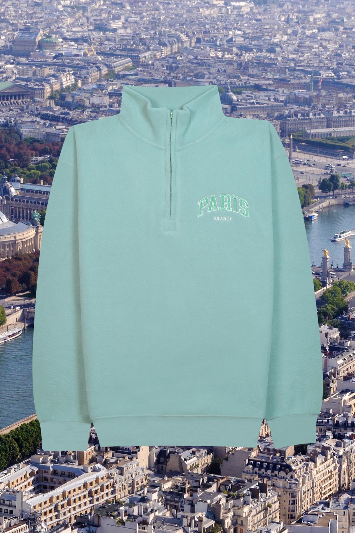 Adult Uriel quarter zip fleece with “PARIS / FRANCE” embroidered pocket and side pocket – POL SINGA SAGE