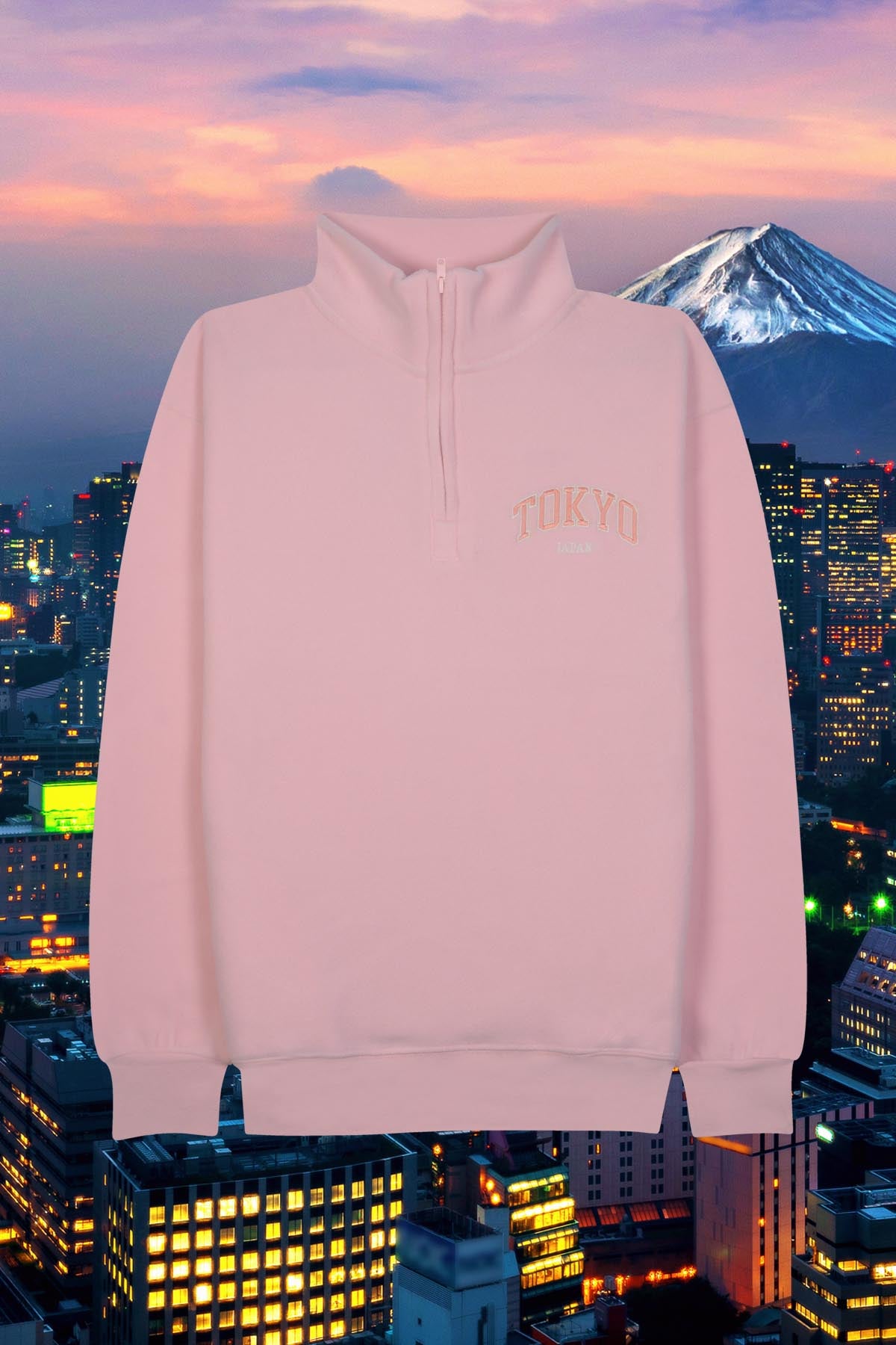 Adult Polar Fleece Quarter Zip Sweatshirt Embroidered TOKYO JAPAN Side Pockets - POL PEACH