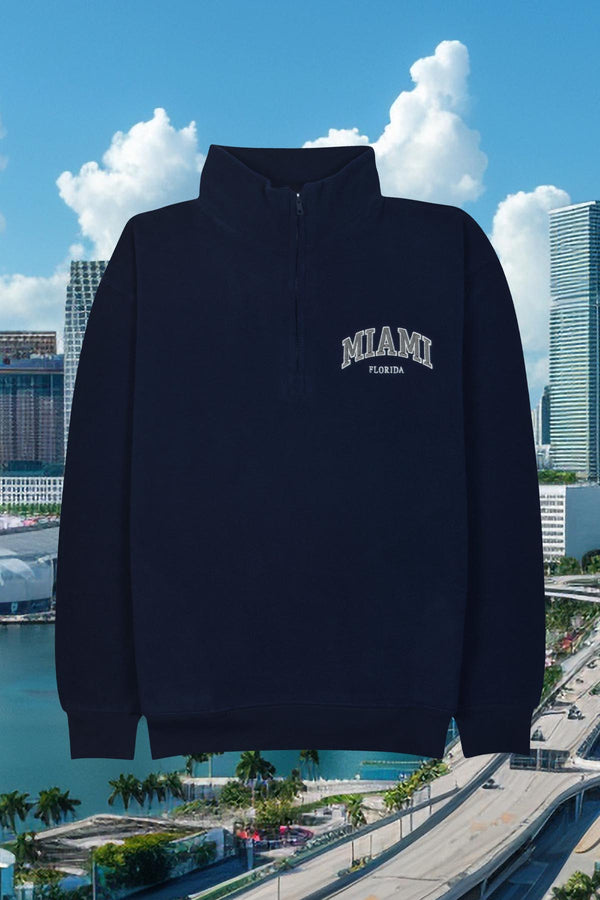 Adult Polar Fleece Quarter Zip Sweatshirt Embroidered MIAMI FLORIDA Side Pockets - POL NAVY