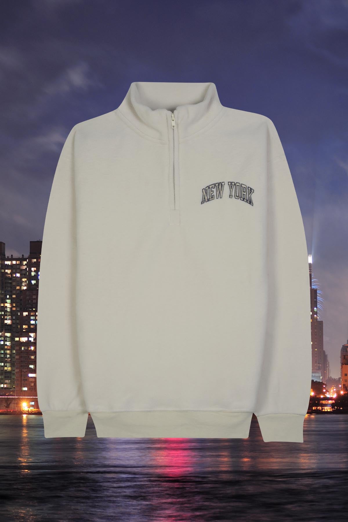 'NEW YORK' Embroidered Quarter-Zip Fleece Sweatshirt with Pockets - Adult POL BEIGE
