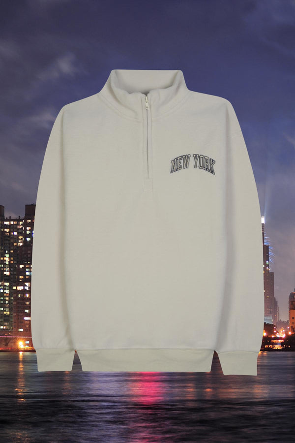 'NEW YORK' Embroidered Quarter-Zip Fleece Sweatshirt with Pockets - Adult POL BEIGE