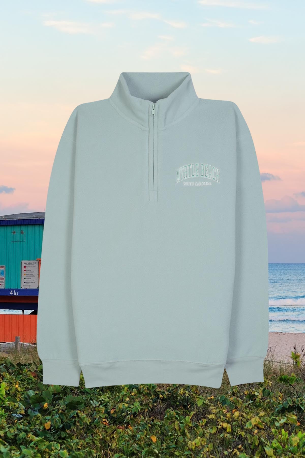 Adult ¼ Zip Pullover with Pockets, Embroidered 'MYRTLE BEACH / SOUTH CAROLINA' - POL SINGA SAGE