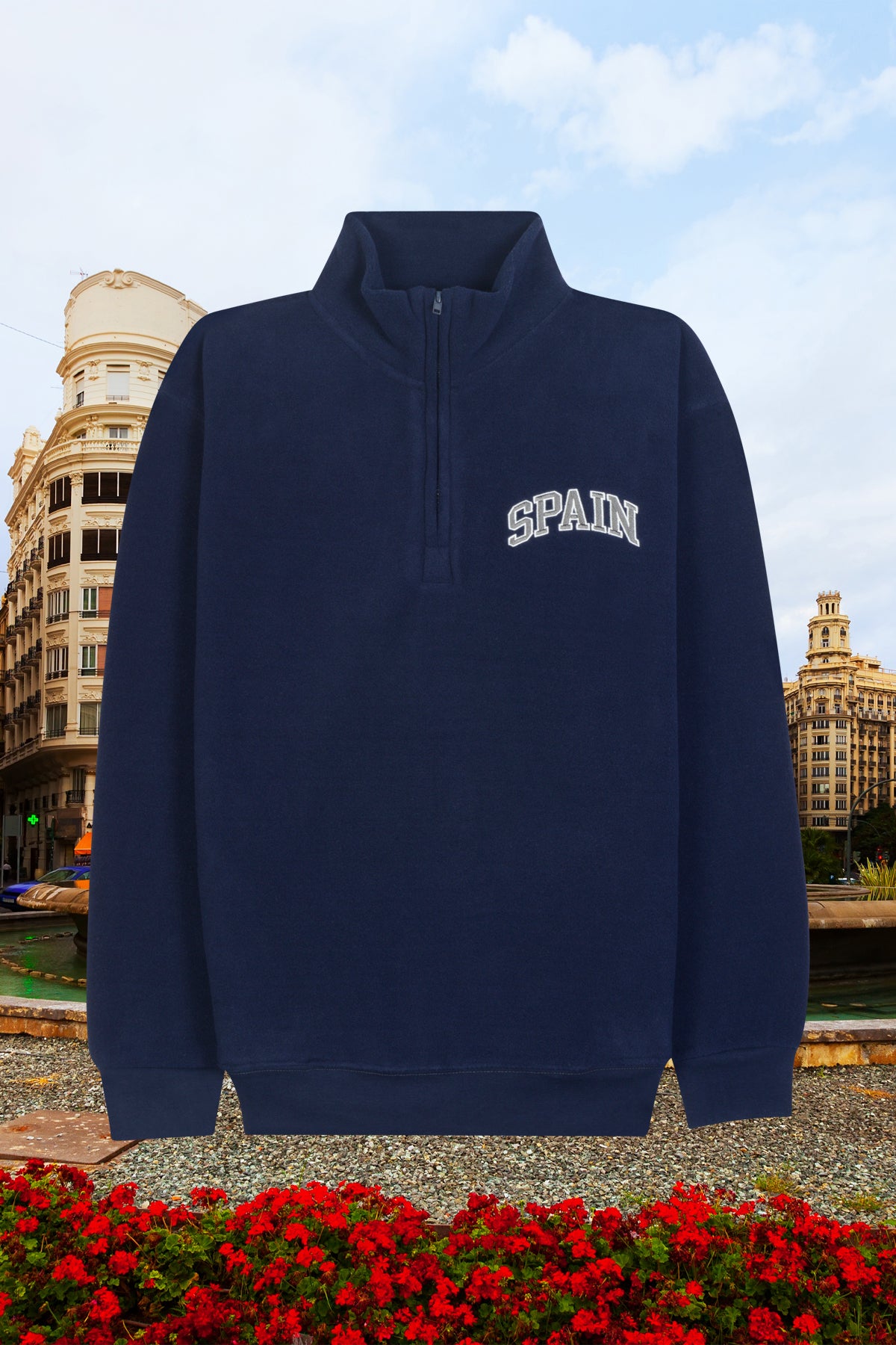 Embroidered Spain 1/4 Zip No Hood Polar Fleece Sweatshirt with Side Pockets, Adult - POL NAVY 