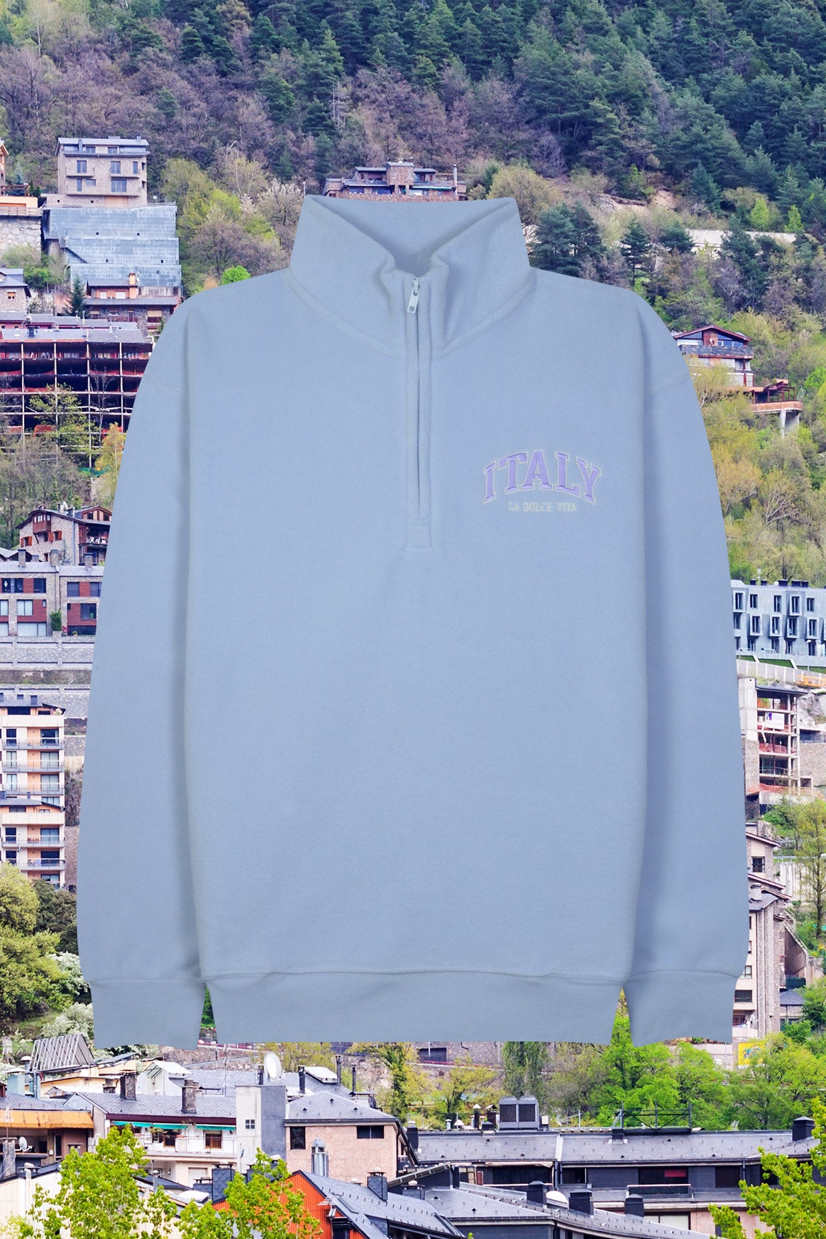 Adult Quarter Zip Sweatshirt Embroidered ITALY LA DOLCE VITA Polar Fleece Side Pockets – Pol Pastel Periwinkle