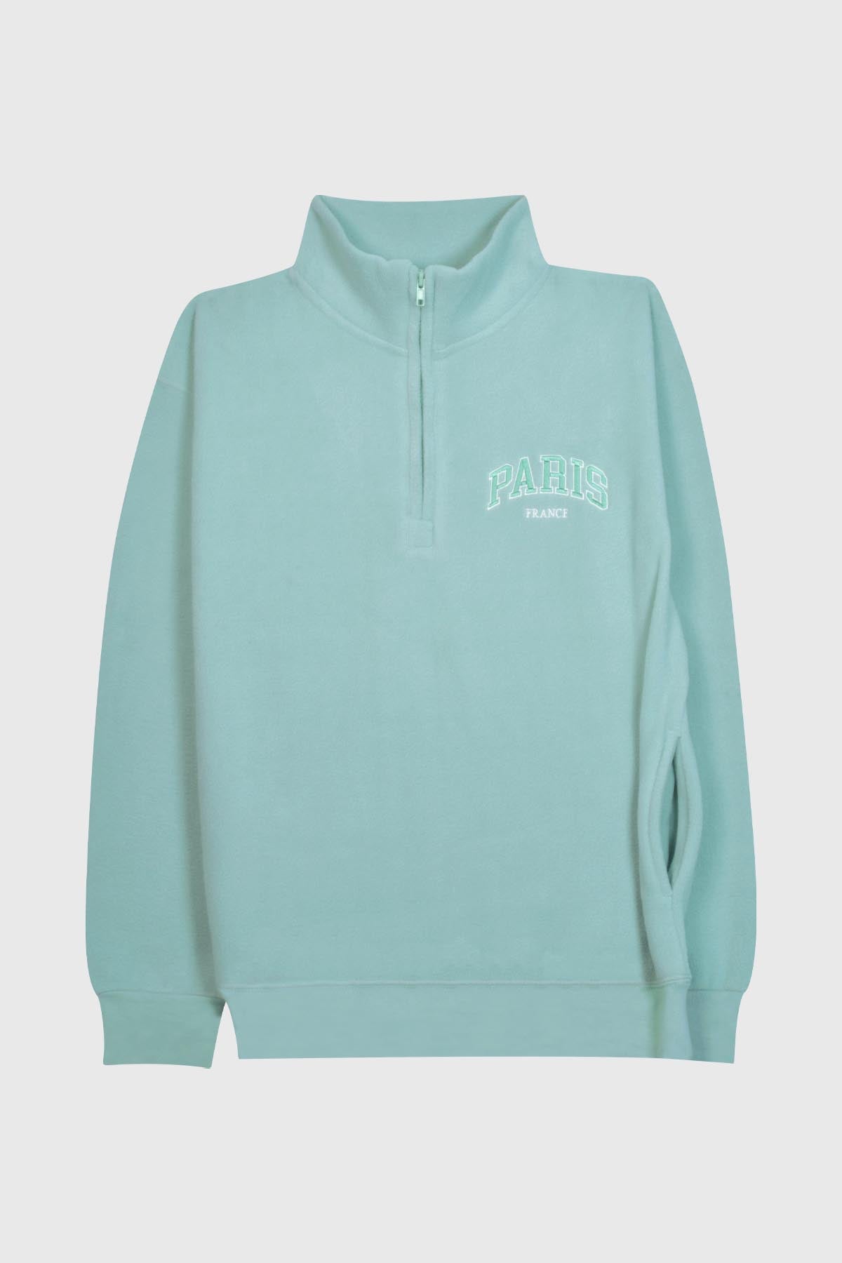 Adult Uriel quarter zip fleece with “PARIS / FRANCE” embroidered pocket and side pocket – POL SINGA SAGE