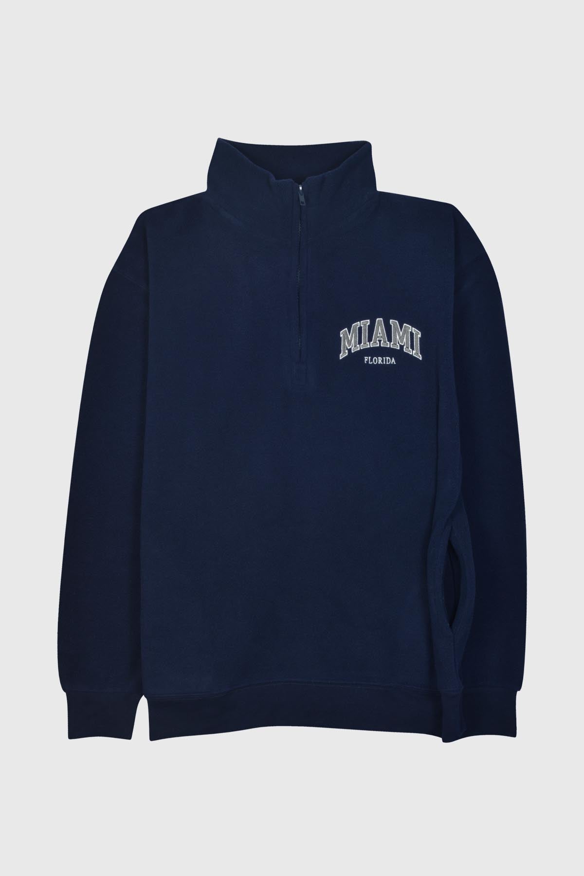 Adult Polar Fleece Quarter Zip Sweatshirt Embroidered MIAMI FLORIDA Side Pockets - POL NAVY