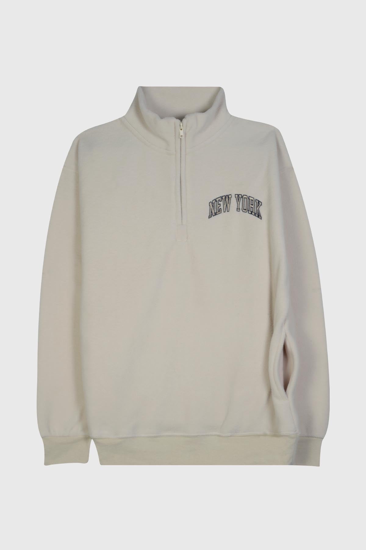 'NEW YORK' Embroidered Quarter-Zip Fleece Sweatshirt with Pockets - Adult POL BEIGE