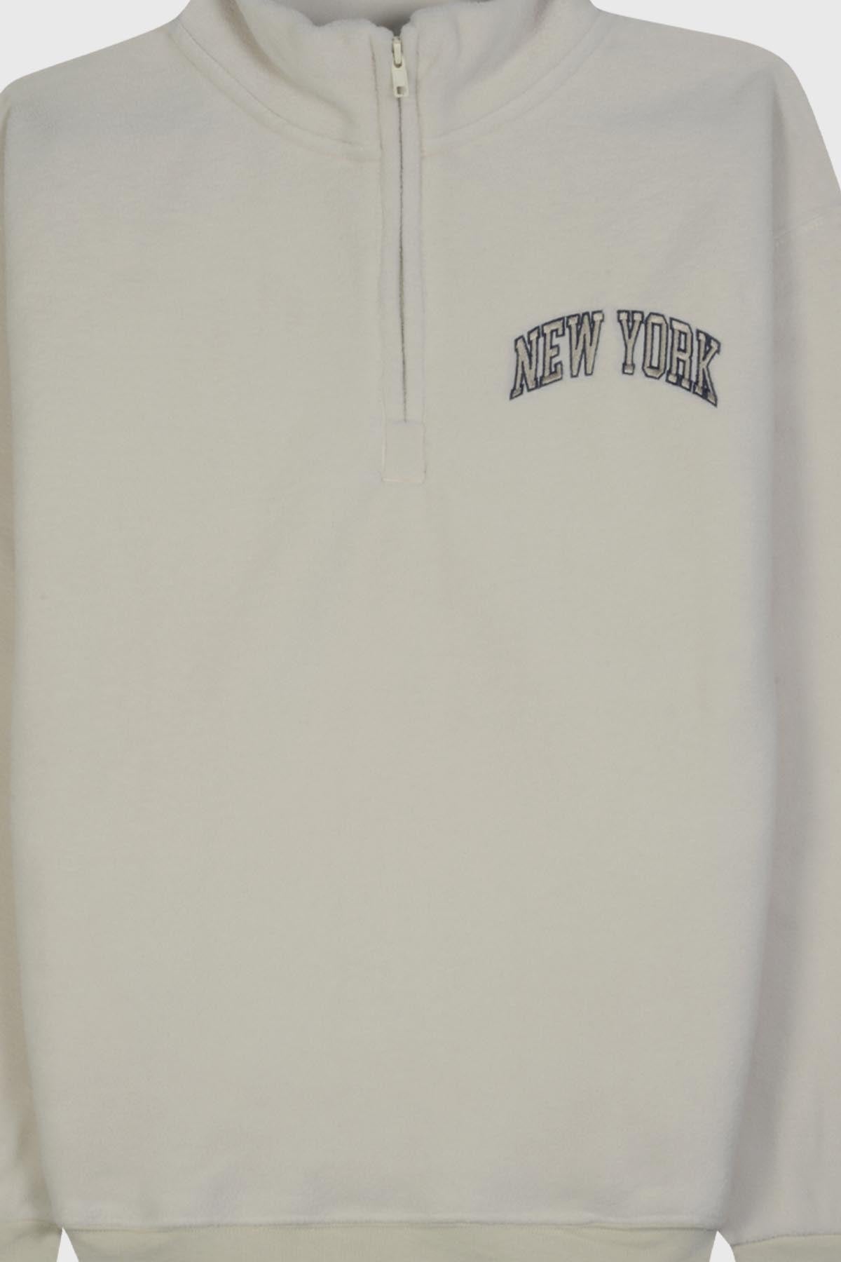 'NEW YORK' Embroidered Quarter-Zip Fleece Sweatshirt with Pockets - Adult POL BEIGE