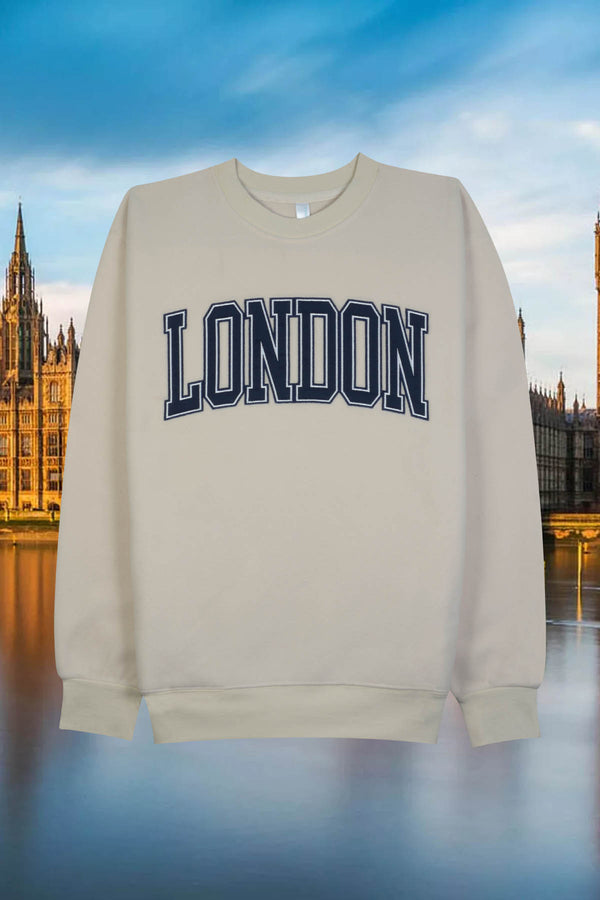 Embroidered 'LONDON' polar fleece crewneck sweatshirt with pockets – BEIGE