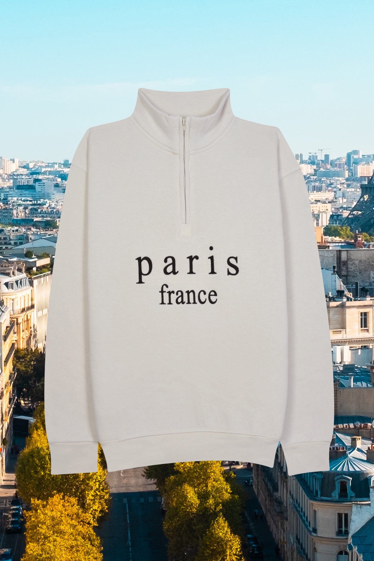 Adult Embroidered Quarter Zip Sweatshirt PARIS FRANCE Design Fleece Side Pockets – Beige