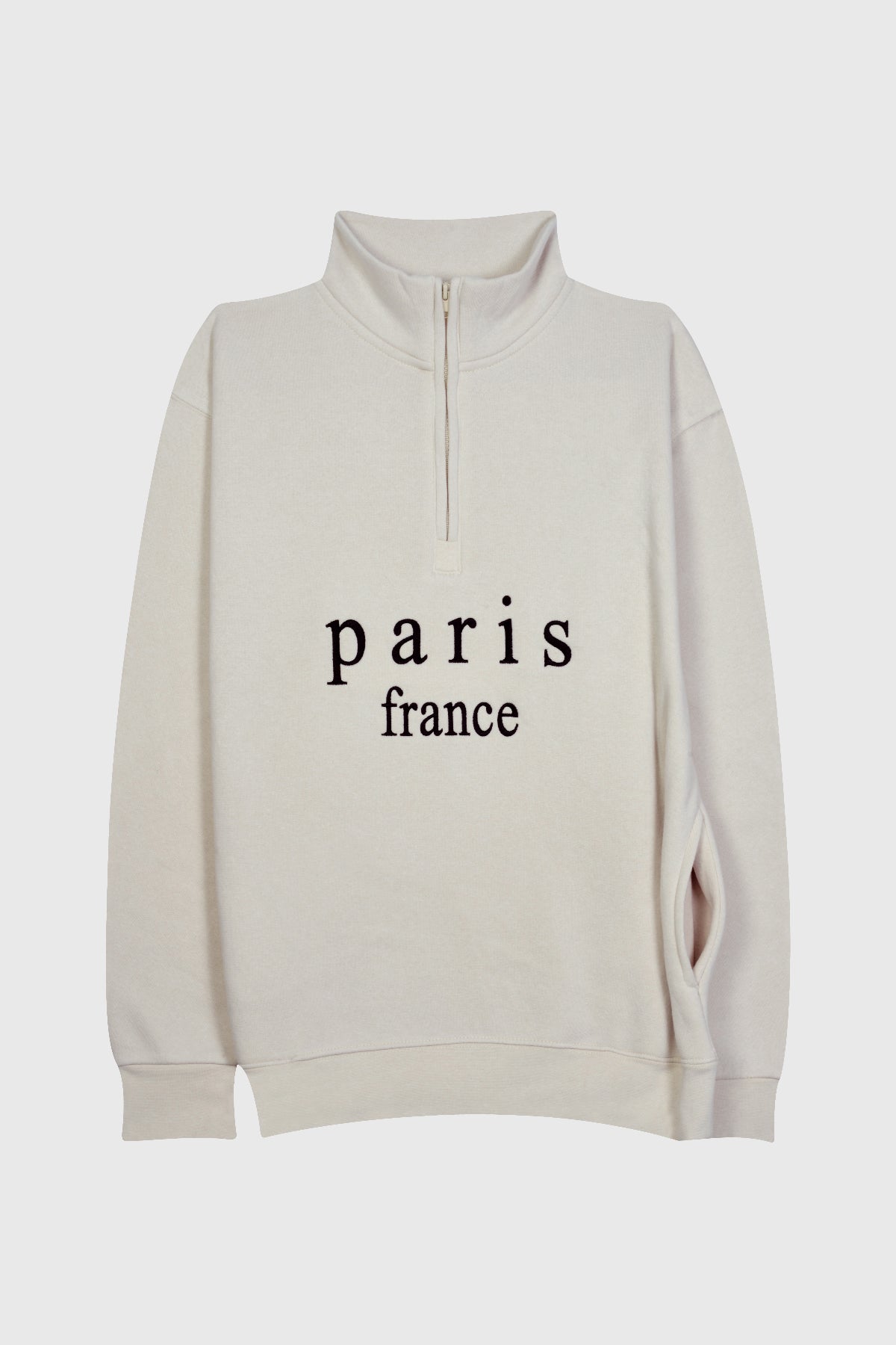Adult Embroidered Quarter Zip Sweatshirt PARIS FRANCE Design Fleece Side Pockets – Beige