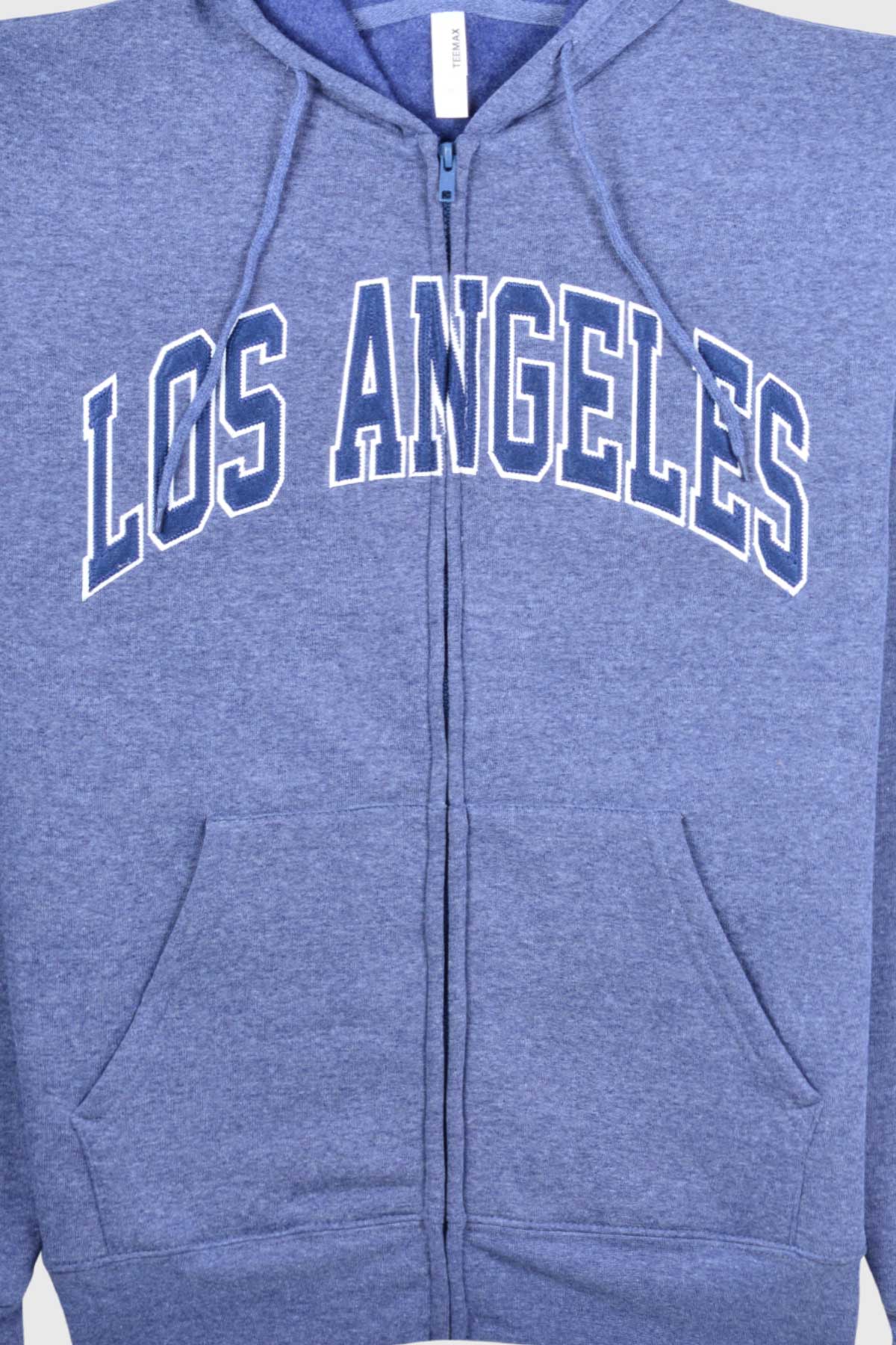 Classic embroidered zip up hoodie with Los Angeles varsity arch. Retro streetwear, men's fashion.