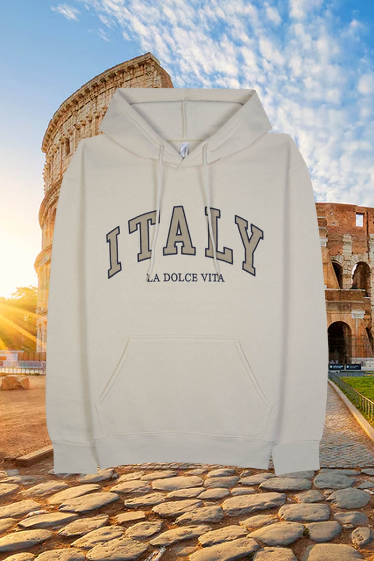 Beige embroidered "LA DOLCE VITA" hoodie, Adult unisex fit.