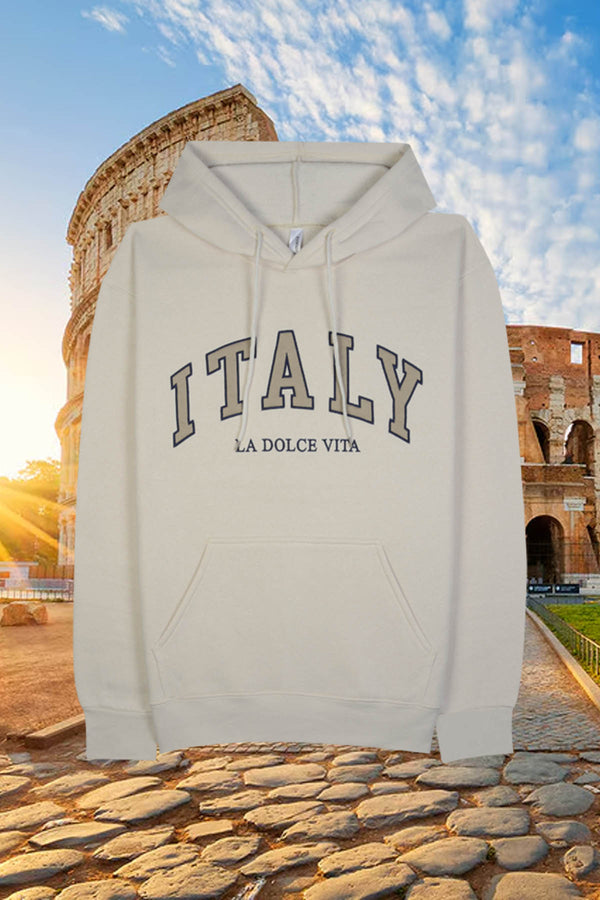 Beige embroidered "LA DOLCE VITA" hoodie, Adult unisex fit.