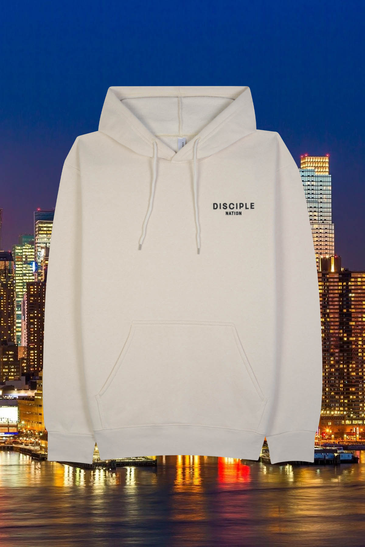 Embroidered "DISCIPLE NATION" back design on an adult fleece hoodie. 