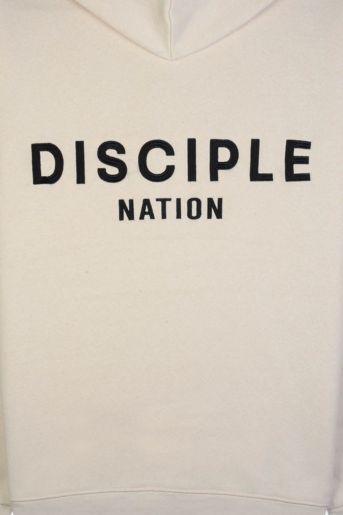 Embroidered "DISCIPLE NATION" back design on an adult fleece hoodie. 
