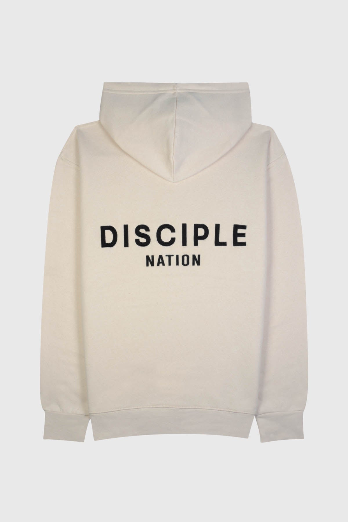Embroidered "DISCIPLE NATION" back design on an adult fleece hoodie. 