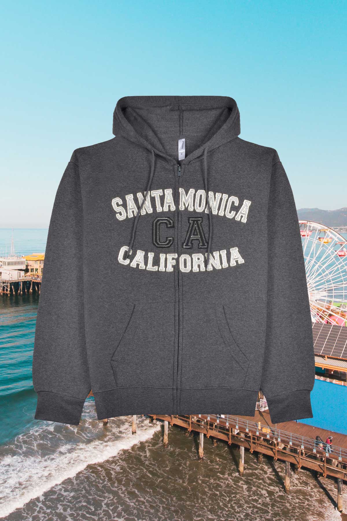 Embroidered Santa Monica zip up hoodie is charcoal gray