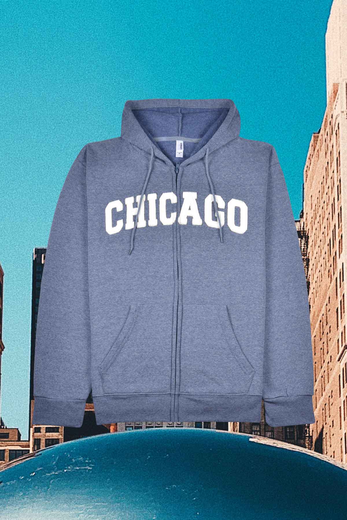 Blue Chicago zip up hoodie is embroidered