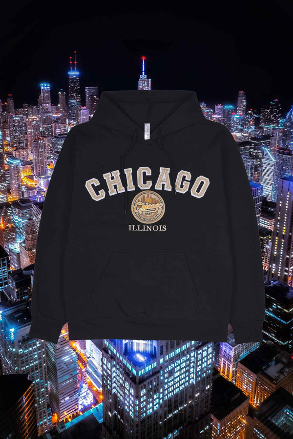 Black hoodie with embroidered Chicago city skyline, Navy pier & Centennial Wheel.