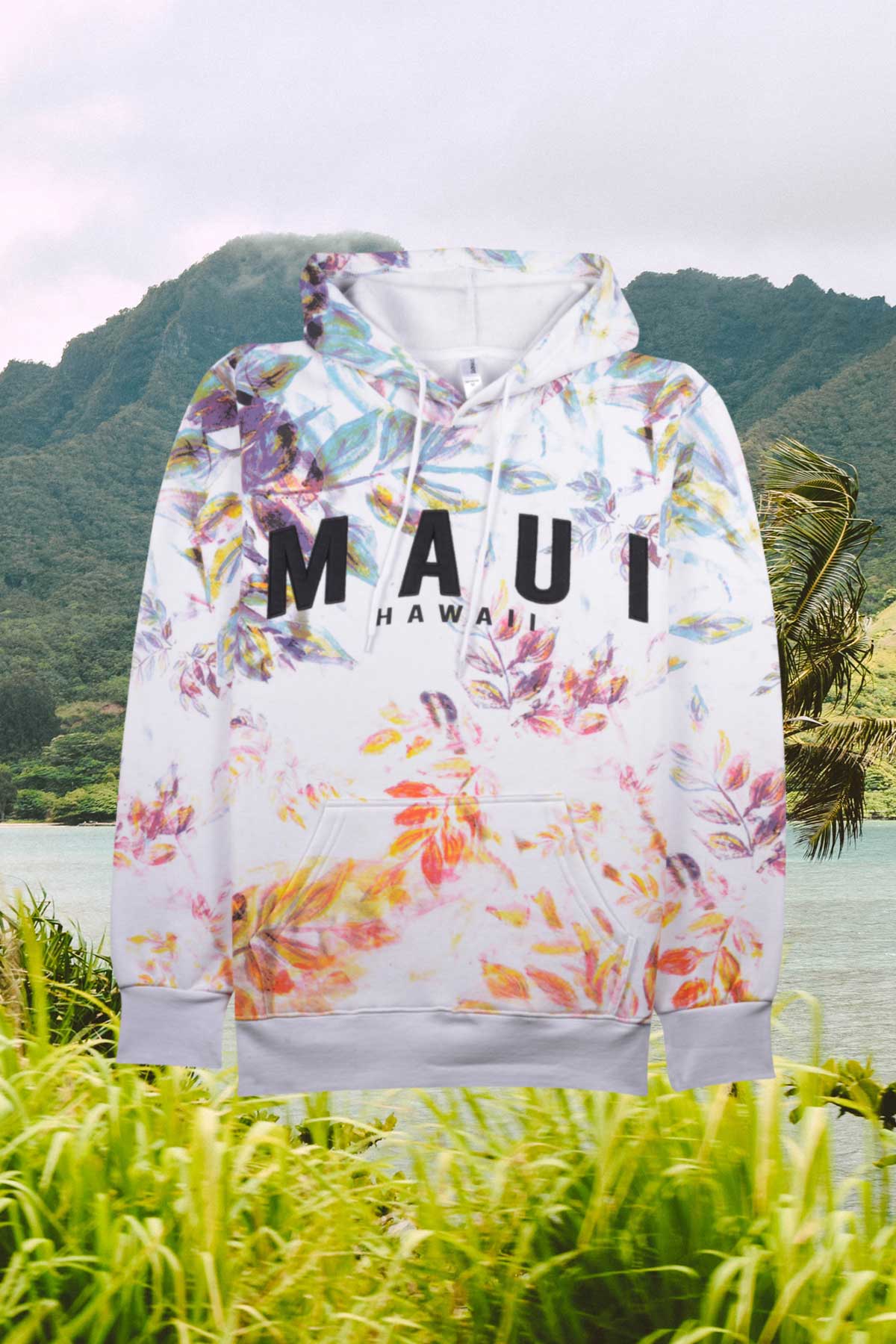 Maui Hawaii Hoodie With Nature Artistic Leaves White ZAPAMAX