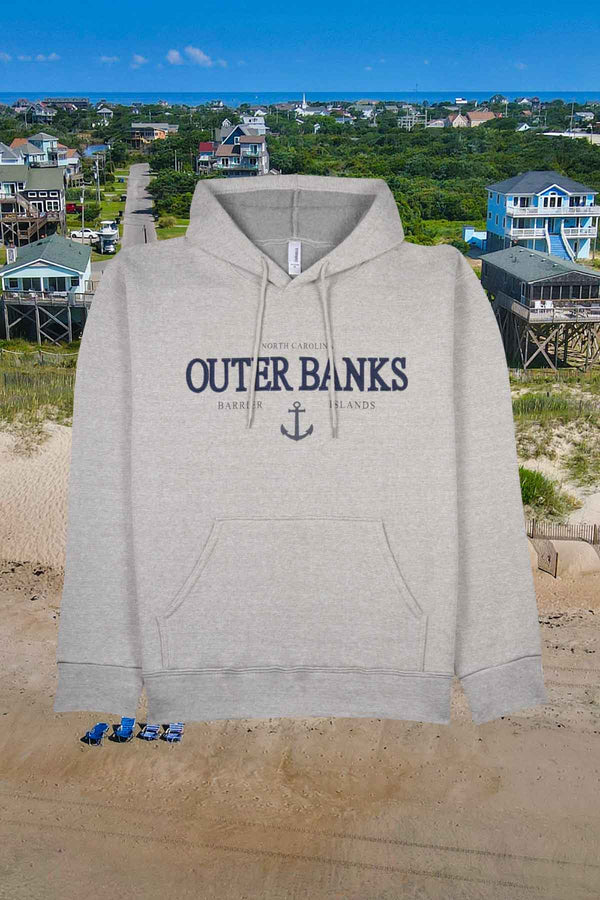 Outer Banks pullover hoodie in gray fleece with nautical anchor. Comfortable, soft hoodie.